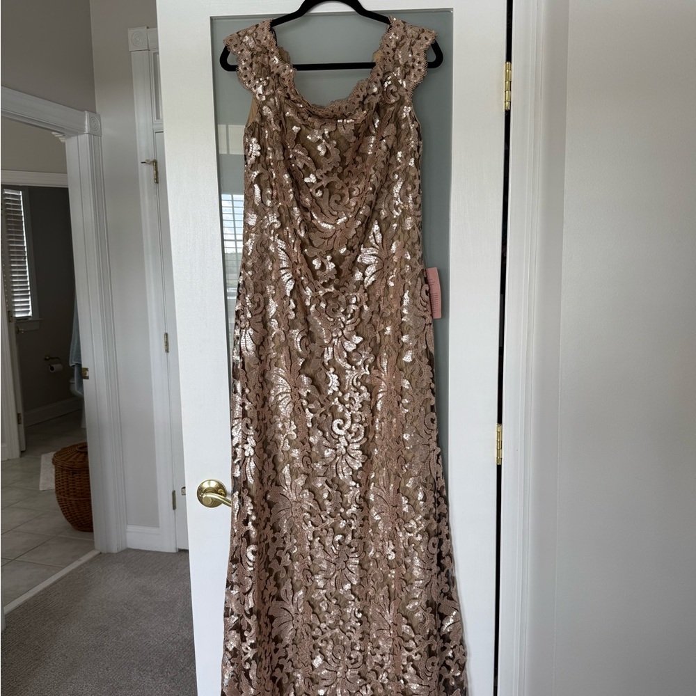 Tadashi Shoji Gold Sequin Off-the-Shoulder Gown - Picture 2 of 7